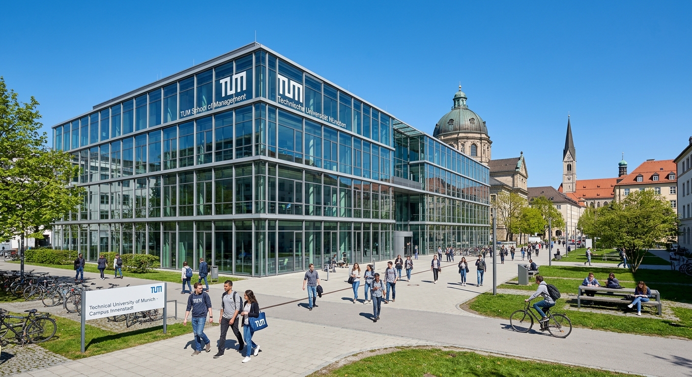 Modern TUM School of Management building in Munich with glass facade, students walking on campus grounds, Bavarian architecture in background, clear sky