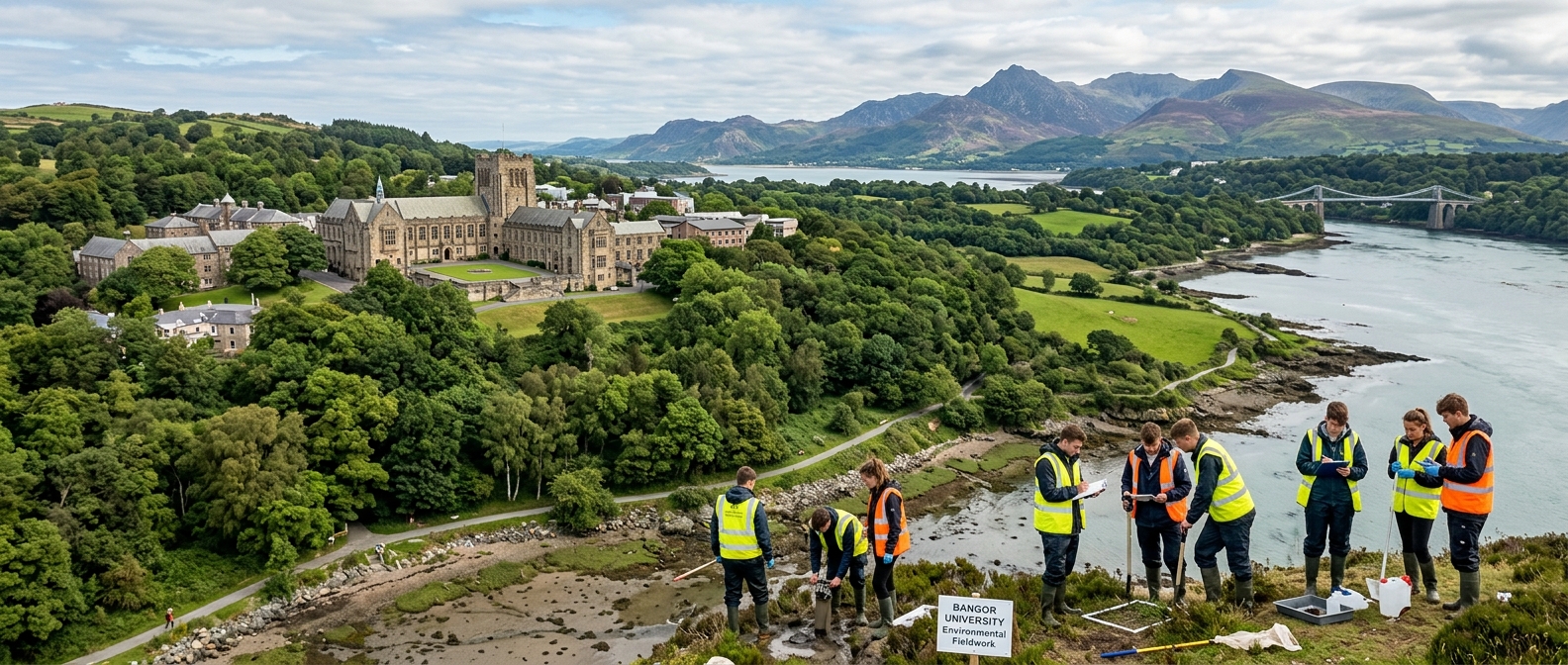 Panoramic view of Bangor University campus with Snowdonia mountains in the background, lush green landscapes, students conducting environmental fieldwork near the Menai Strait coastline in North Wales