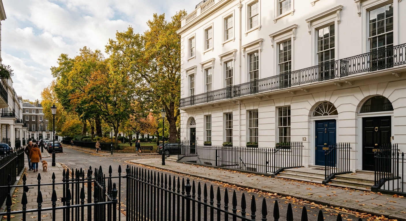 Bedford Square London Georgian townhouse exterior, white stucco facade with ornate black iron railings, tall sash windows, mature trees in the central garden square, autumn light