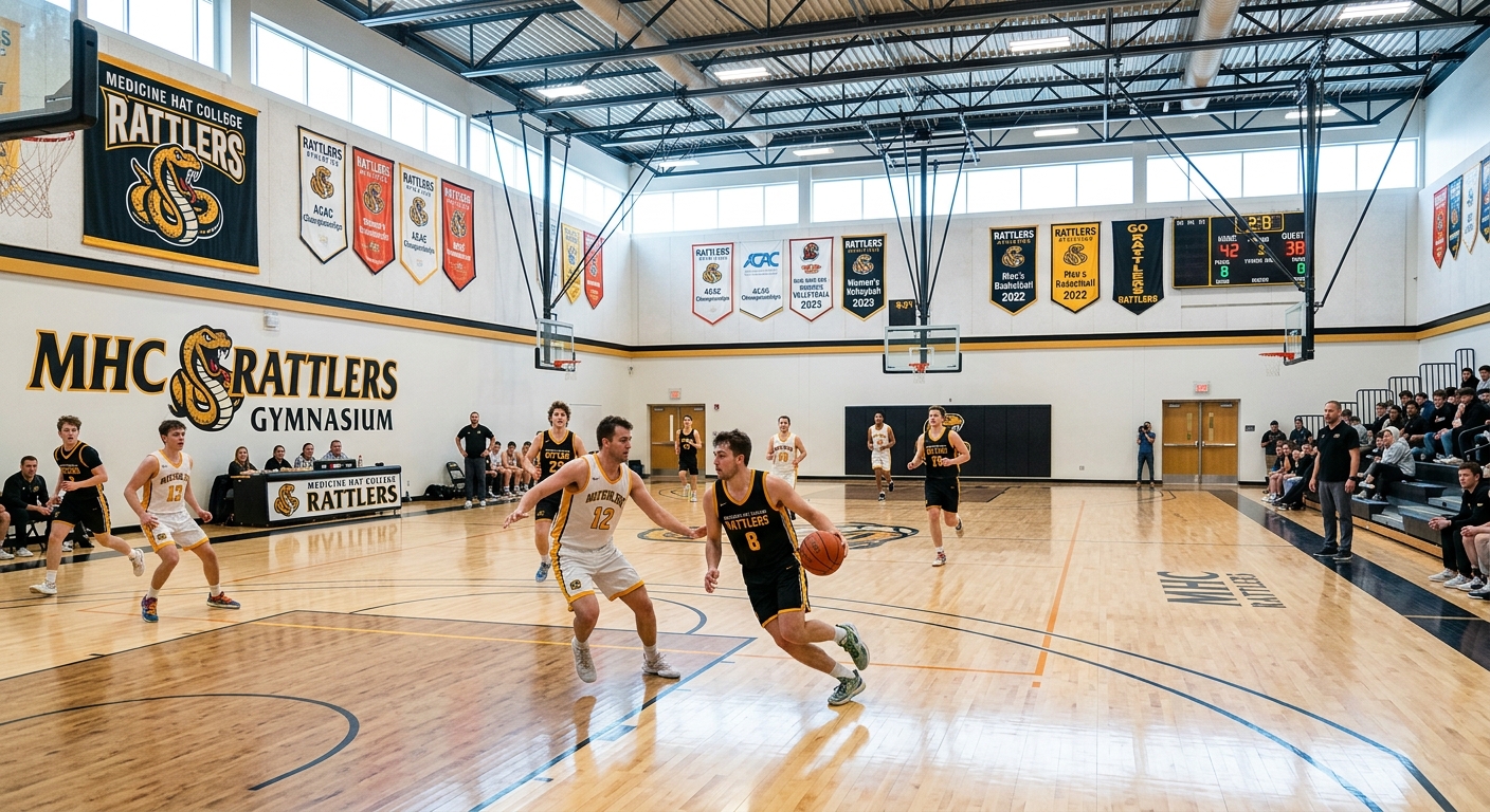Medicine Hat College athletics facility, indoor gymnasium with basketball court, Rattlers team banners, students playing sports
