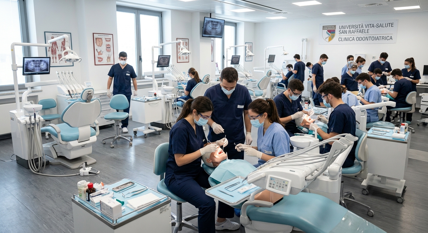 Modern dental clinic training room at San Raffaele University in Milan, Italy, with dental chairs, simulation equipment, and students practicing oral hygiene procedures under bright clinical lighting