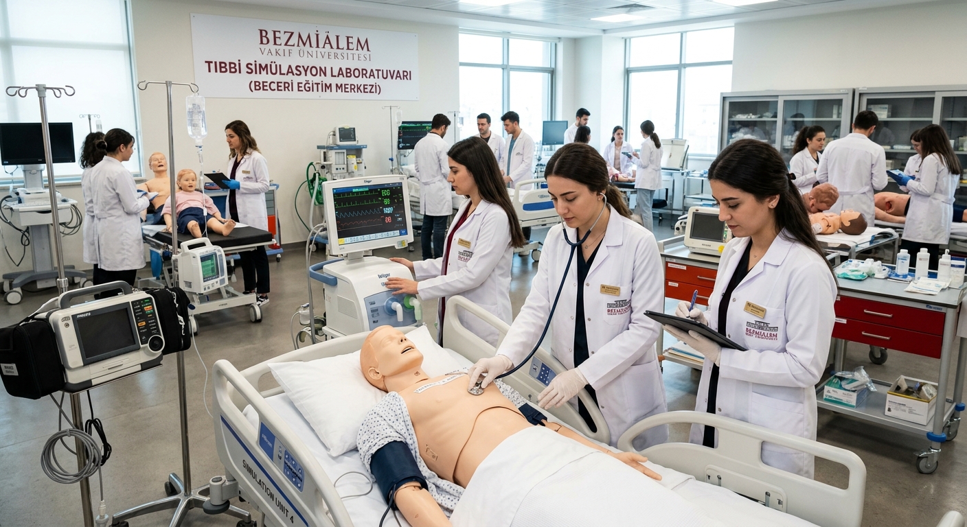 Bezmialem Vakıf University simulation laboratory, medical mannequins, students in white coats practicing clinical skills, modern equipment, bright lighting