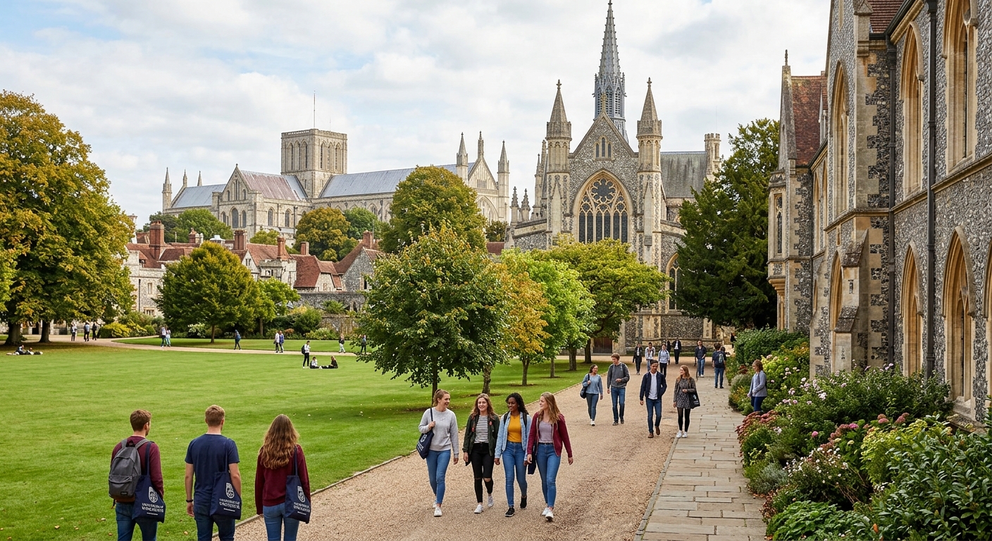 Historic University of Winchester campus with Gothic architecture and green lawns, students walking along tree-lined pathways in the cathedral city of Winchester, Hampshire, England