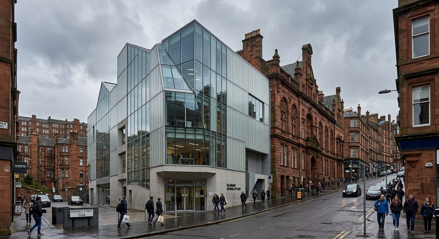Glasgow School of Art campus on Garnethill, Renfrew Street, showing the Reid Building with its modern glass facade alongside historic Glasgow architecture, overcast Scottish sky, urban hillside setting