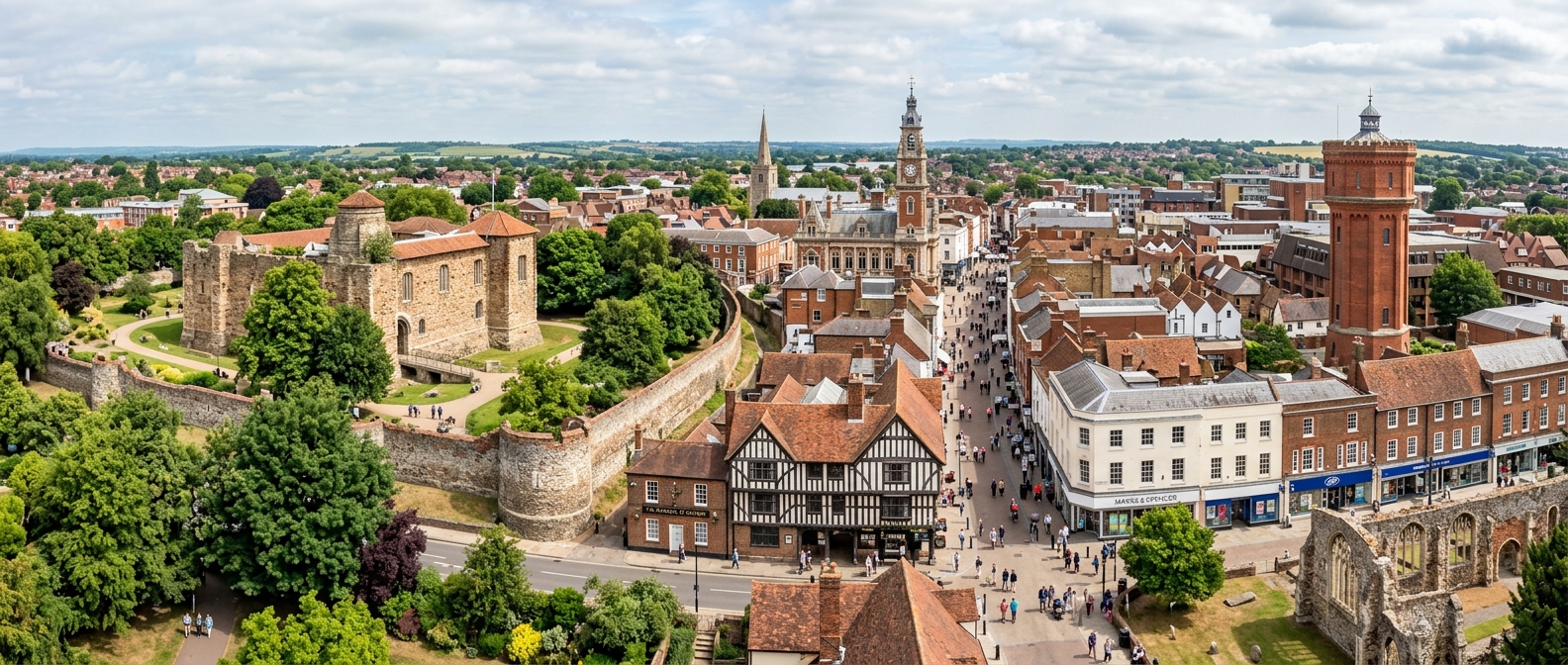 Panoramic view of Colchester, England's oldest recorded town, showing historic castle, Roman walls, and charming town centre streets with a mix of medieval and modern architecture