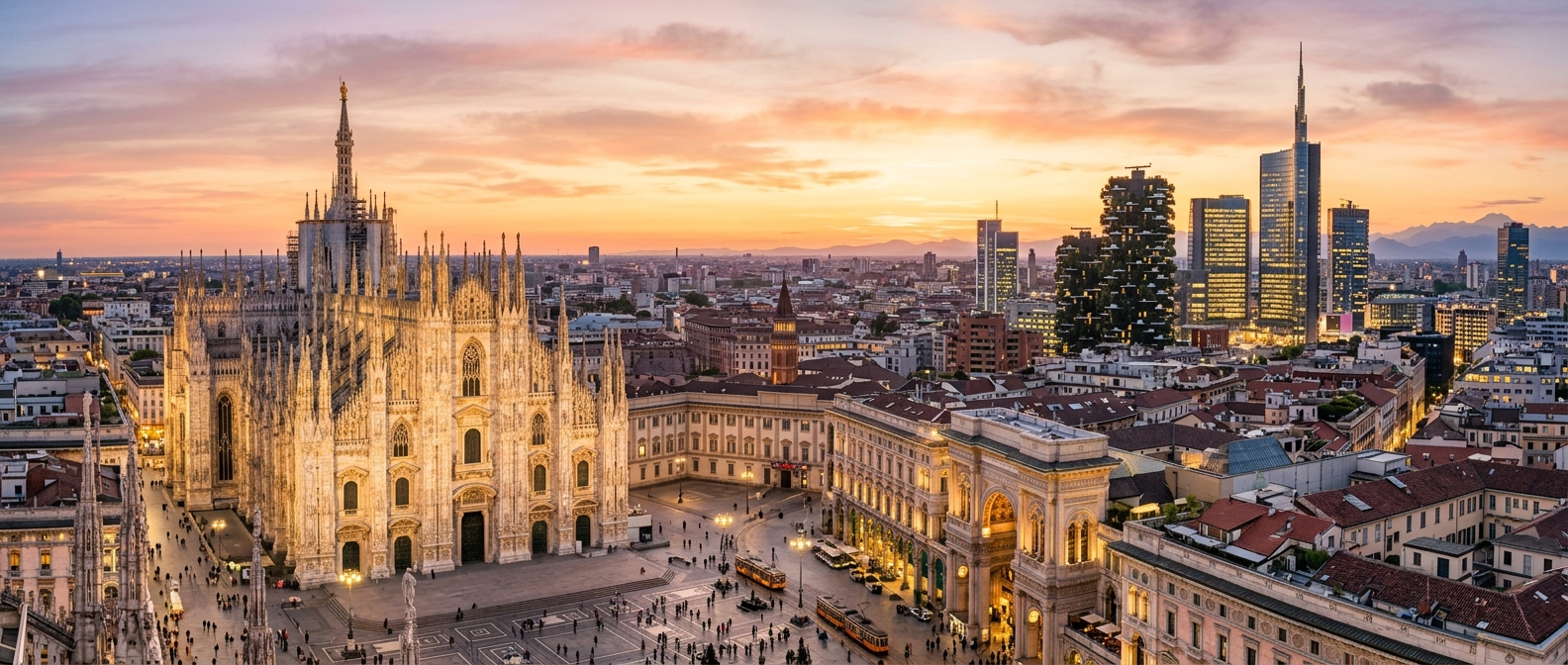 Panoramic view of Milan Italy skyline, Duomo cathedral in the foreground, modern skyscrapers of Porta Nuova district in background, golden hour lighting, vibrant urban atmosphere