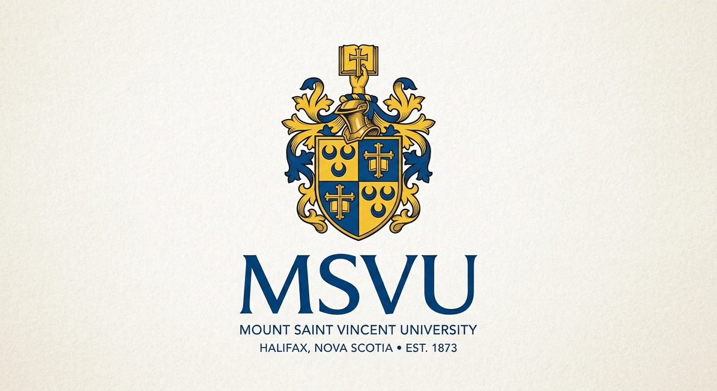 Mount Saint Vincent University official logo featuring the university coat of arms with three crescents on a blue and gold shield, accompanied by the text MSVU