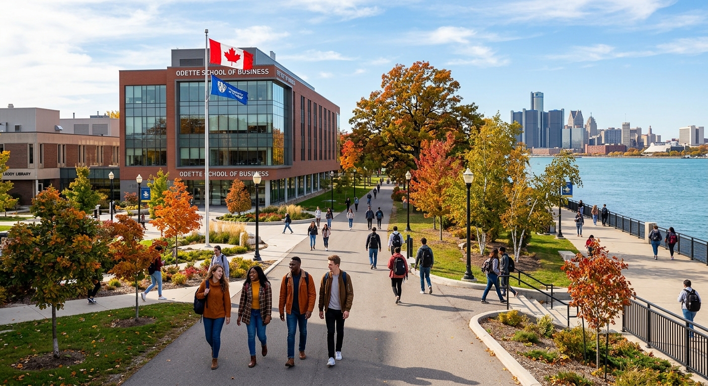 University of Windsor campus with Odette School of Business building, students walking along tree-lined pathways near the Detroit River waterfront, modern academic architecture with Canadian flag, bright autumn day