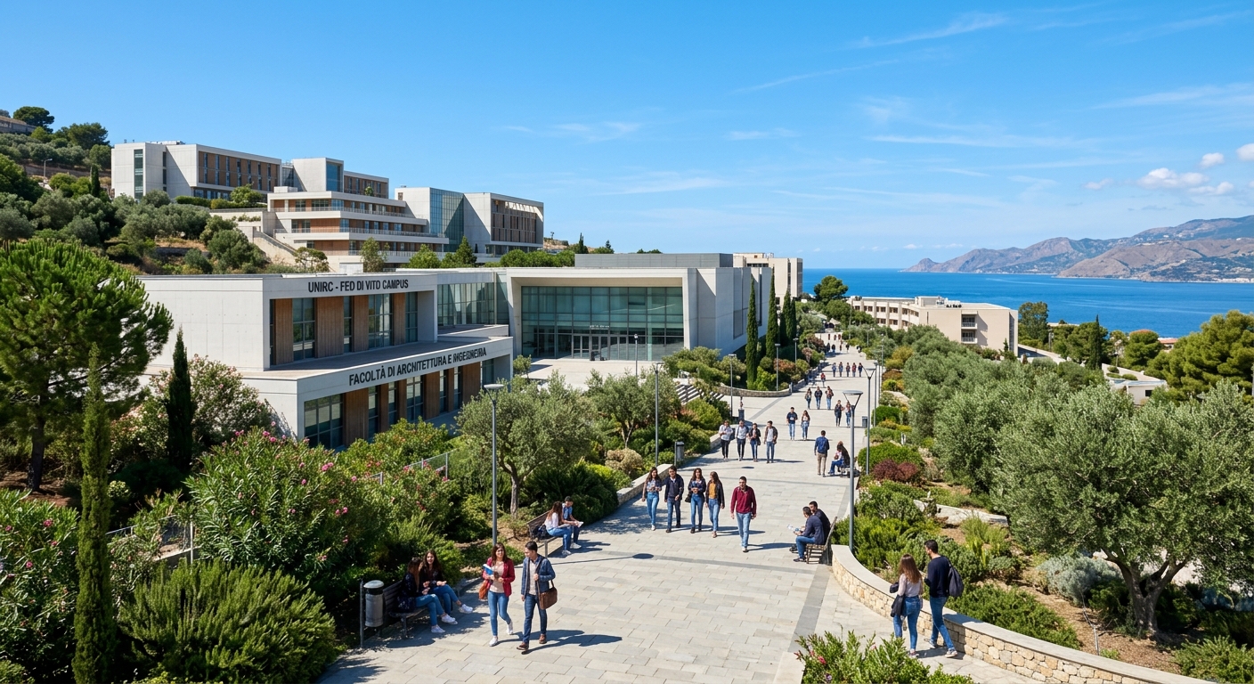 Modern academic buildings of UNIRC Feo di Vito campus surrounded by Mediterranean vegetation, wide pedestrian walkways, students walking between lecture halls, clear blue sky