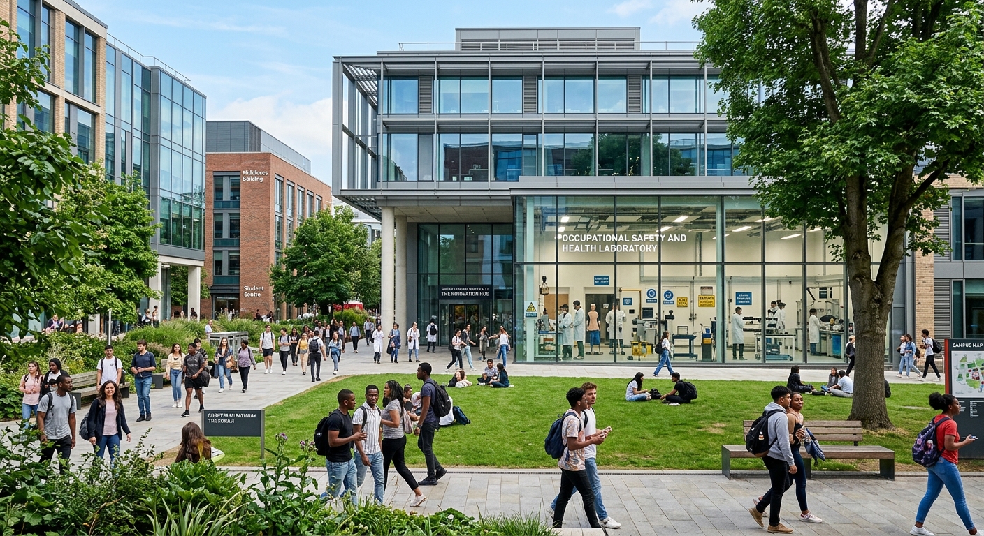 Modern university campus in north London with contemporary teaching buildings, students walking through green courtyards, occupational safety and health laboratory visible through glass windows, bright daylight
