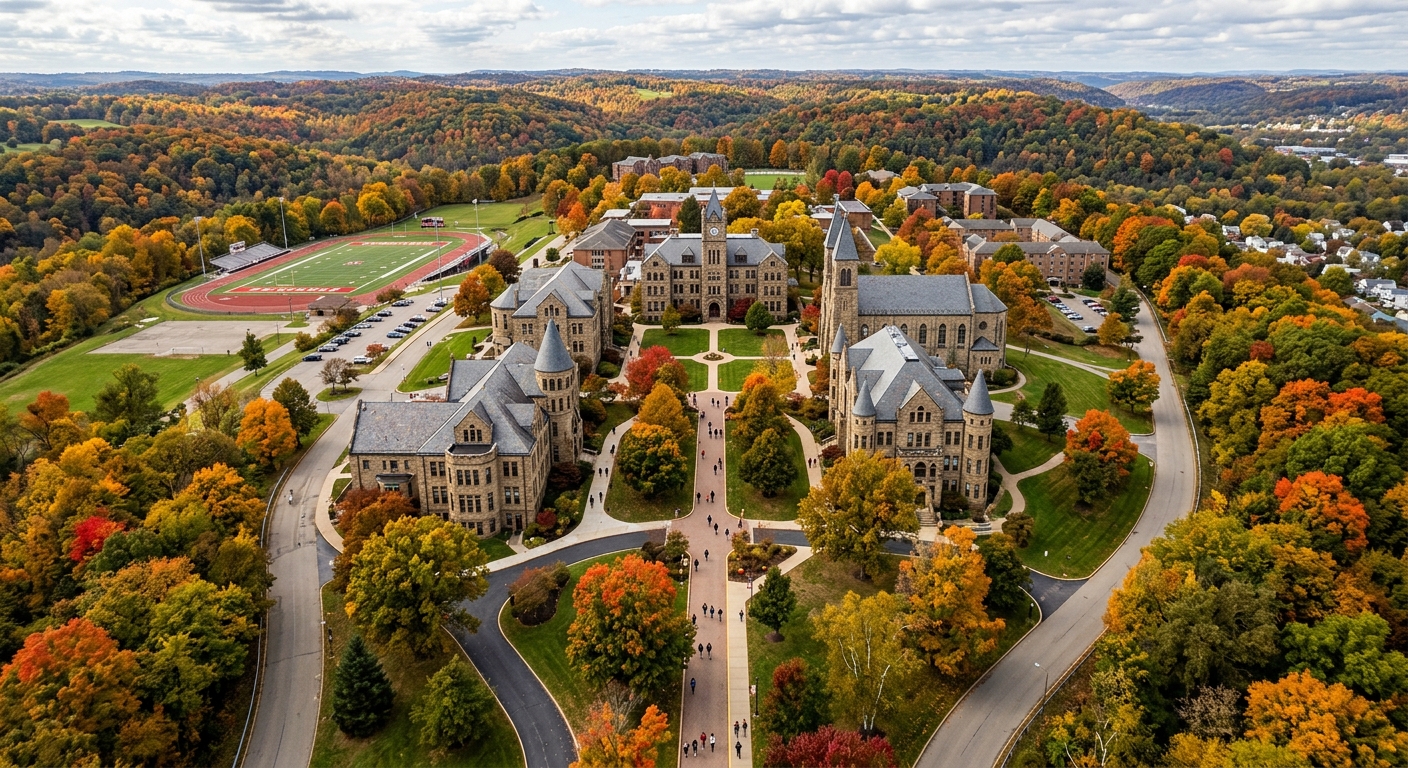 Aerial view of Seton Hill University hilltop campus in Greensburg Pennsylvania, historic stone buildings surrounded by 200 acres of wooded grounds in the Laurel Highlands, students walking along tree-lined pathways with autumn foliage