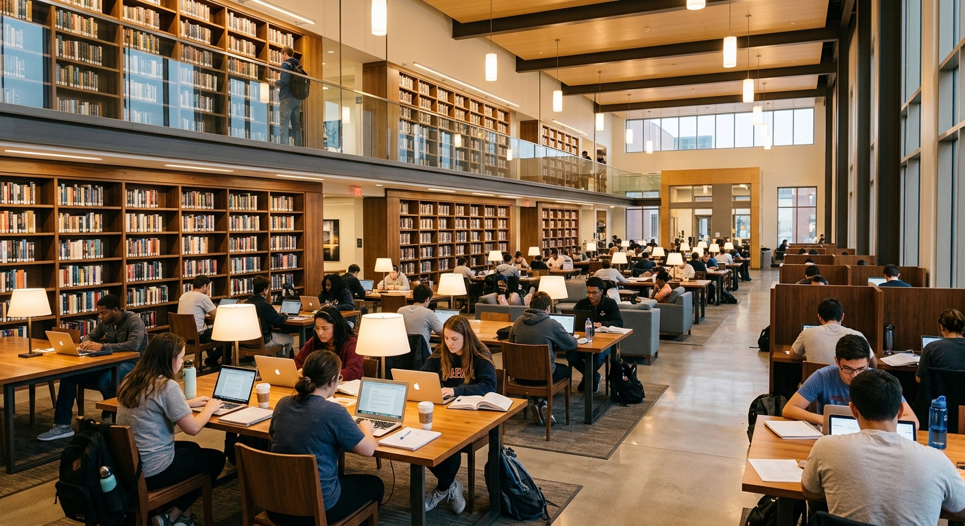 University of Saint Mary DePaul Library interior, students studying at tables, bookshelves lining walls, warm lighting, modern learning spaces
