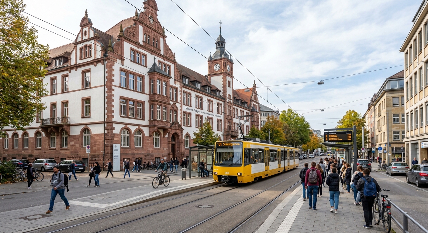 University of Stuttgart city center campus, historic Keplerstrasse buildings, urban setting with trams and pedestrians, architecture faculty visible