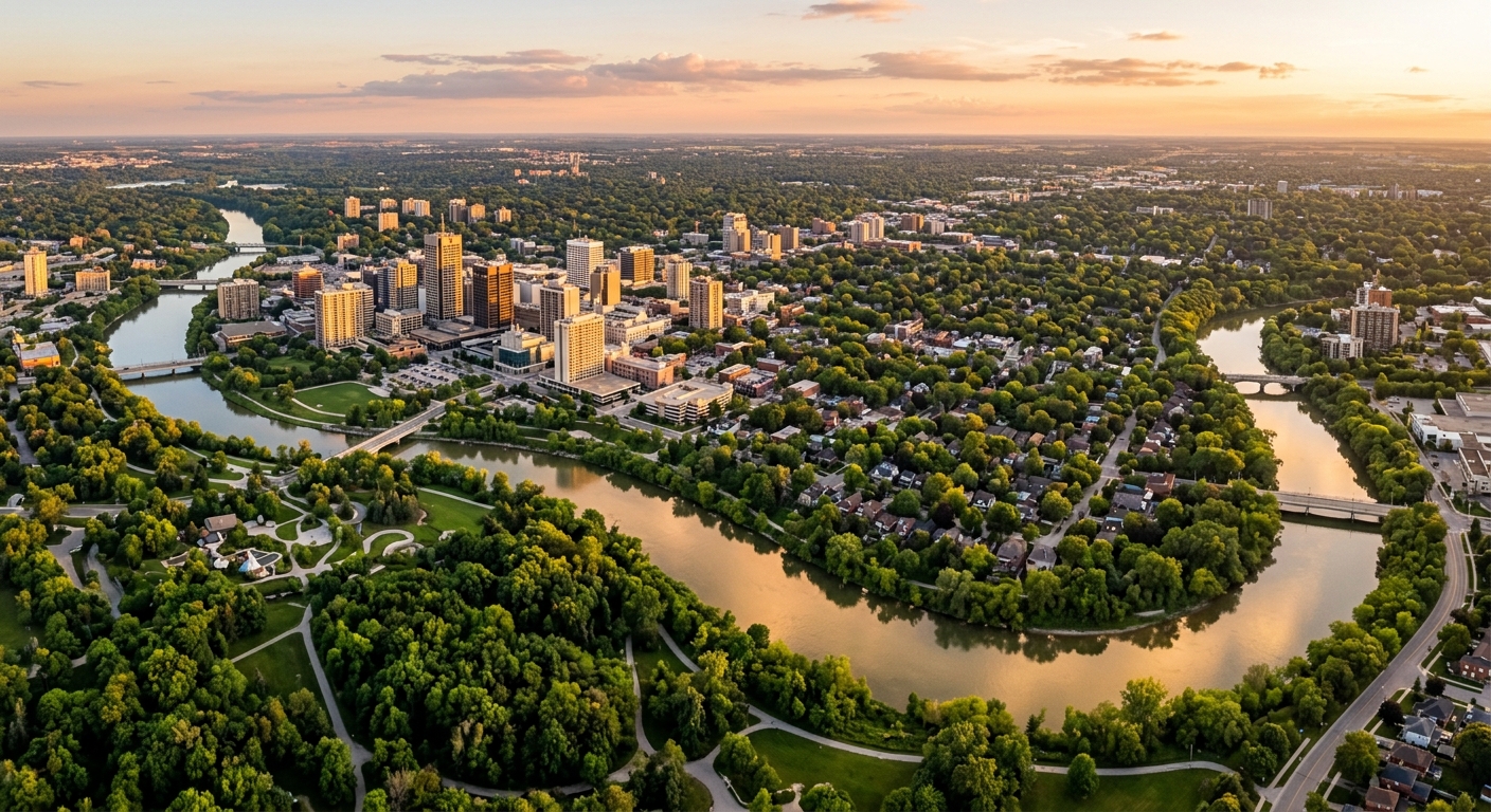 Aerial view of London Ontario skyline showing Thames River winding through the city, green tree canopy, downtown buildings, Springbank Park visible, golden hour lighting