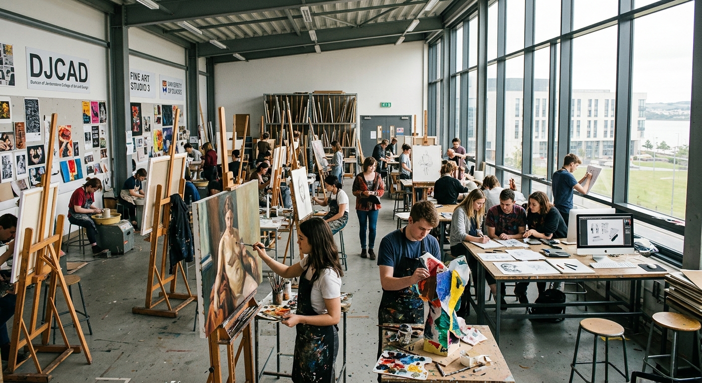 Bright open art studio at Duncan of Jordanstone College of Art and Design, University of Dundee, students working on diverse creative projects with easels, canvases, and design materials, large windows flooding the space with natural light