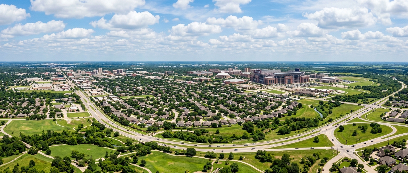 Panoramic view of College Station Texas showing the Bryan-College Station area with green landscapes, suburban neighborhoods, and the Texas A&M campus visible in the distance under a wide Texas sky