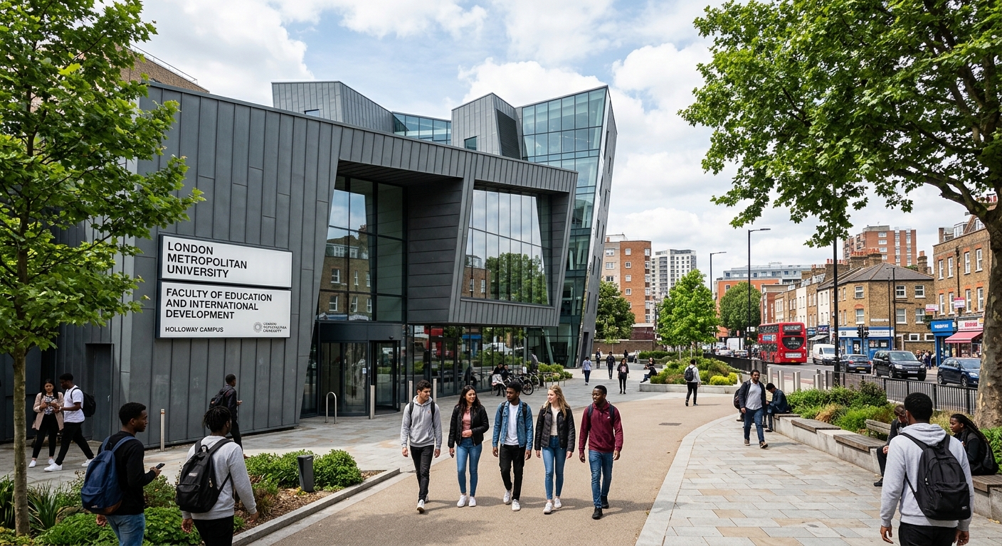London Metropolitan University Holloway campus building exterior with modern architecture, students walking through courtyard, green trees and urban London backdrop, education faculty signage visible