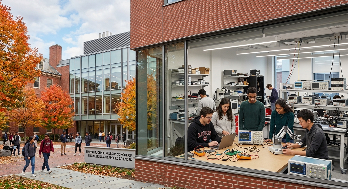 Harvard John A. Paulson School of Engineering and Applied Sciences campus building in Cambridge Massachusetts, modern research laboratory with advanced electrical engineering equipment, students collaborating on circuit boards and robotics projects, red brick architecture with autumn foliage