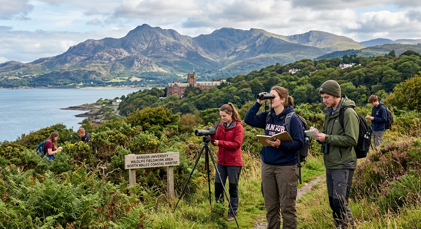 Bangor University campus with lush green surroundings, Snowdonia mountains in the background, students conducting wildlife fieldwork in a natural habitat with binoculars and field notebooks, North Wales coastal landscape