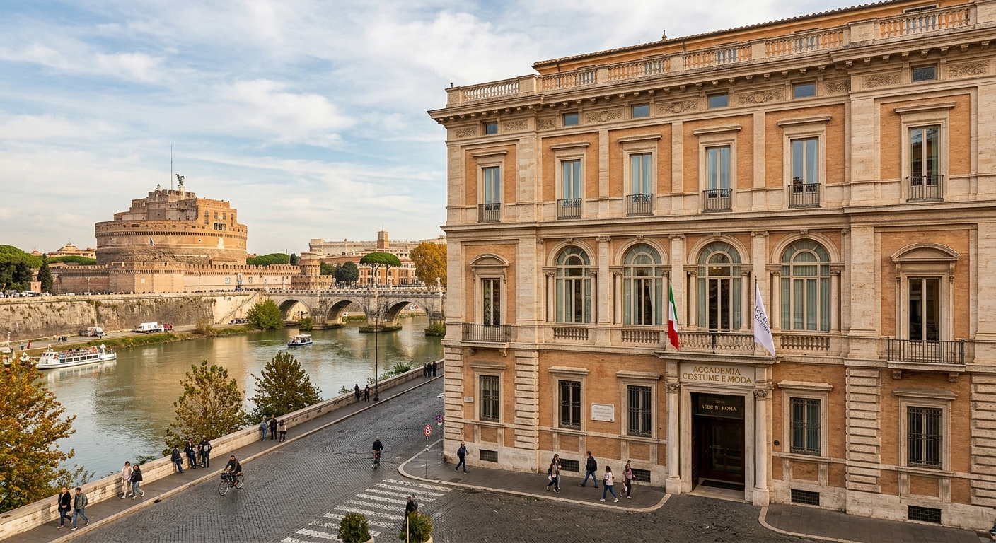 Accademia Costume e Moda Rome campus exterior, elegant 1925 palazzo designed by Vincenzo Fasolo, warm stone facade with large windows, Tiber River and Castel Sant'Angelo visible in background