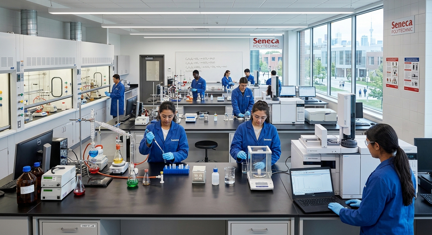 Modern chemistry laboratory at Seneca Polytechnic with students in lab coats performing experiments, analytical instruments and glassware on benches, bright fluorescent lighting, Toronto campus setting