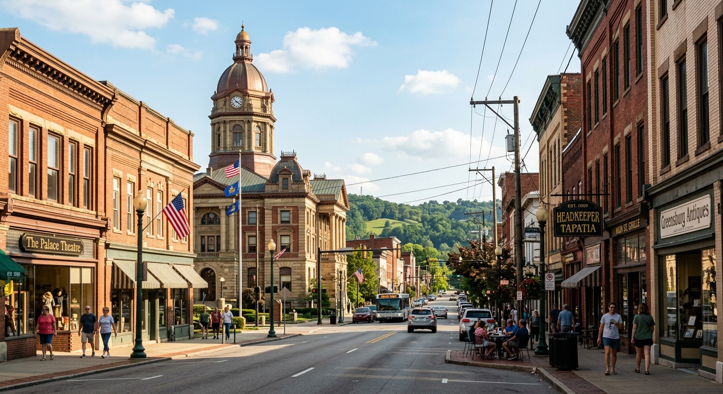 Downtown Greensburg Pennsylvania street view, historic brick buildings, shops and restaurants, Westmoreland County courthouse, rolling green hills in background, warm afternoon light