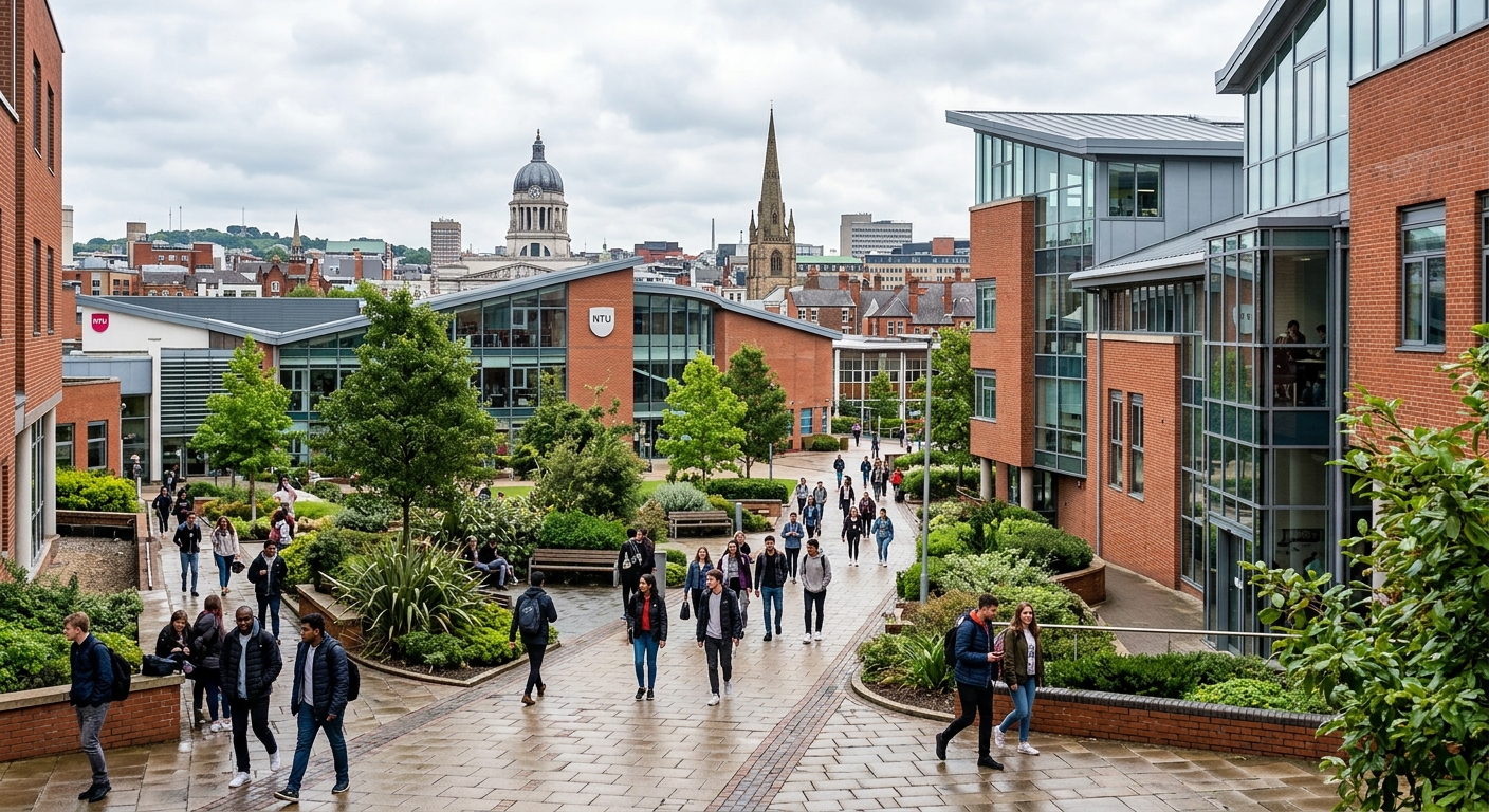 Nottingham Trent University City Campus with modern brick and glass buildings, students walking through a landscaped courtyard, Nottingham city skyline in the background, bright overcast British sky