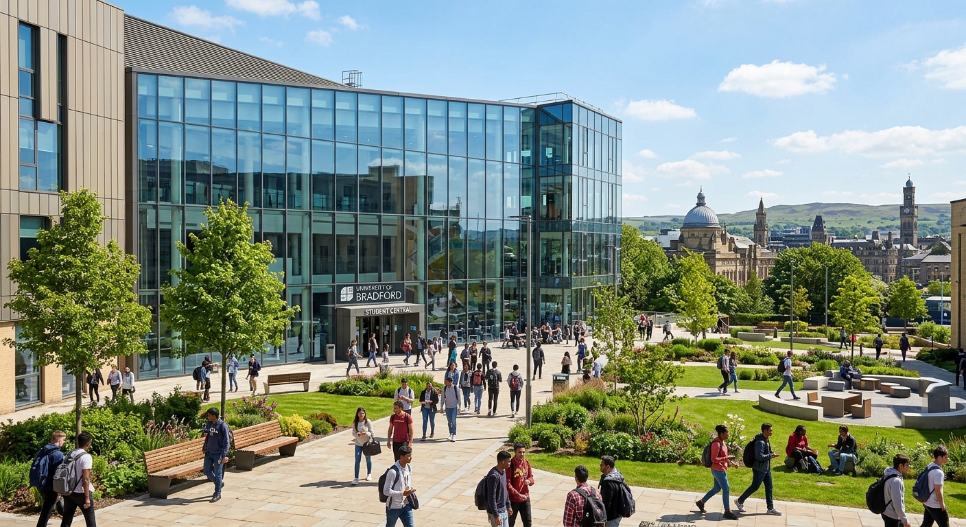 University of Bradford modern campus building with glass facade, students walking through the courtyard, Bradford city skyline in the background, bright daylight with green landscaping