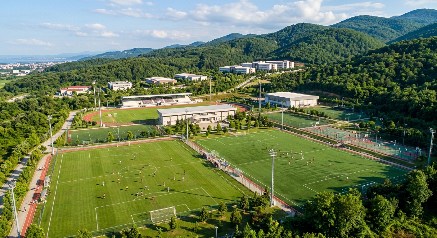 Sports complex and outdoor fields at SUBU campus in Serdivan, green athletic fields surrounded by forested hills, students playing sports
