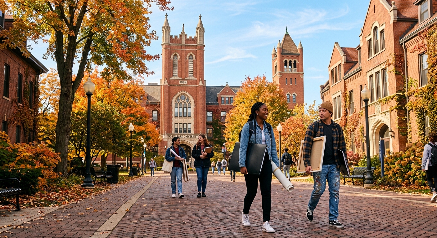 North Park University campus in Chicago with historic brick buildings, tree-lined walkways, and art students carrying portfolios and canvases on a sunny autumn day