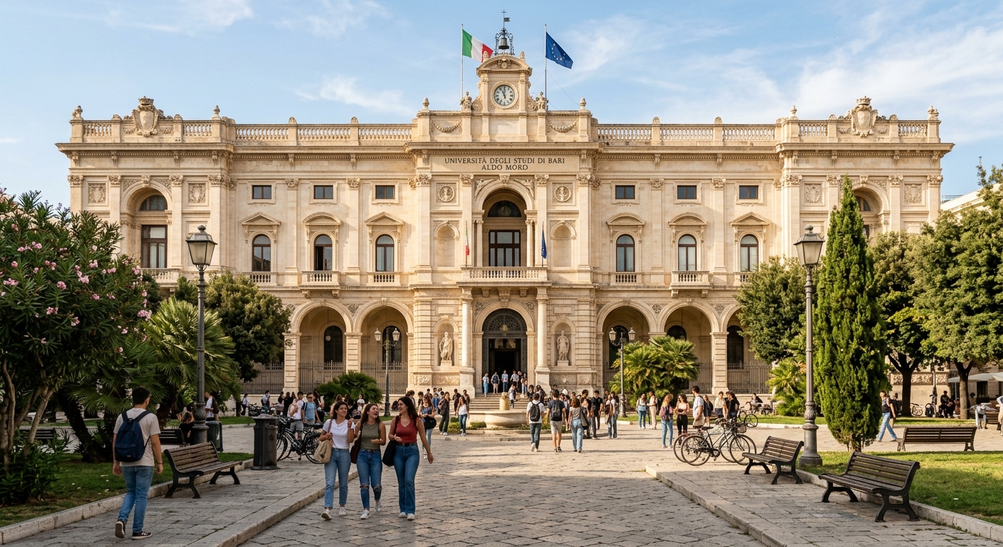Historic University of Bari Aldo Moro campus building with Mediterranean architecture, Palazzo Ateneo in Piazza Umberto I, students walking through sunlit courtyard in Bari, Puglia, Italy