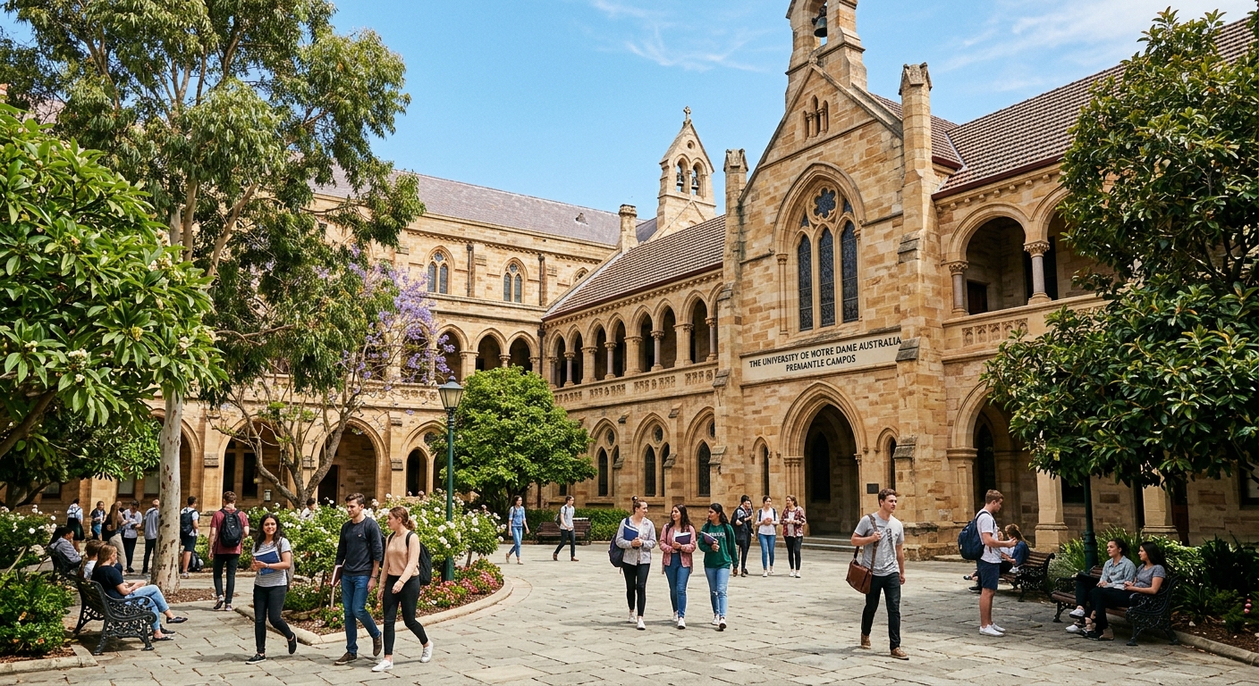 Historic sandstone university buildings at the University of Notre Dame Australia Fremantle campus, heritage architecture with arched windows, students walking through a courtyard with mature trees, clear blue Australian sky