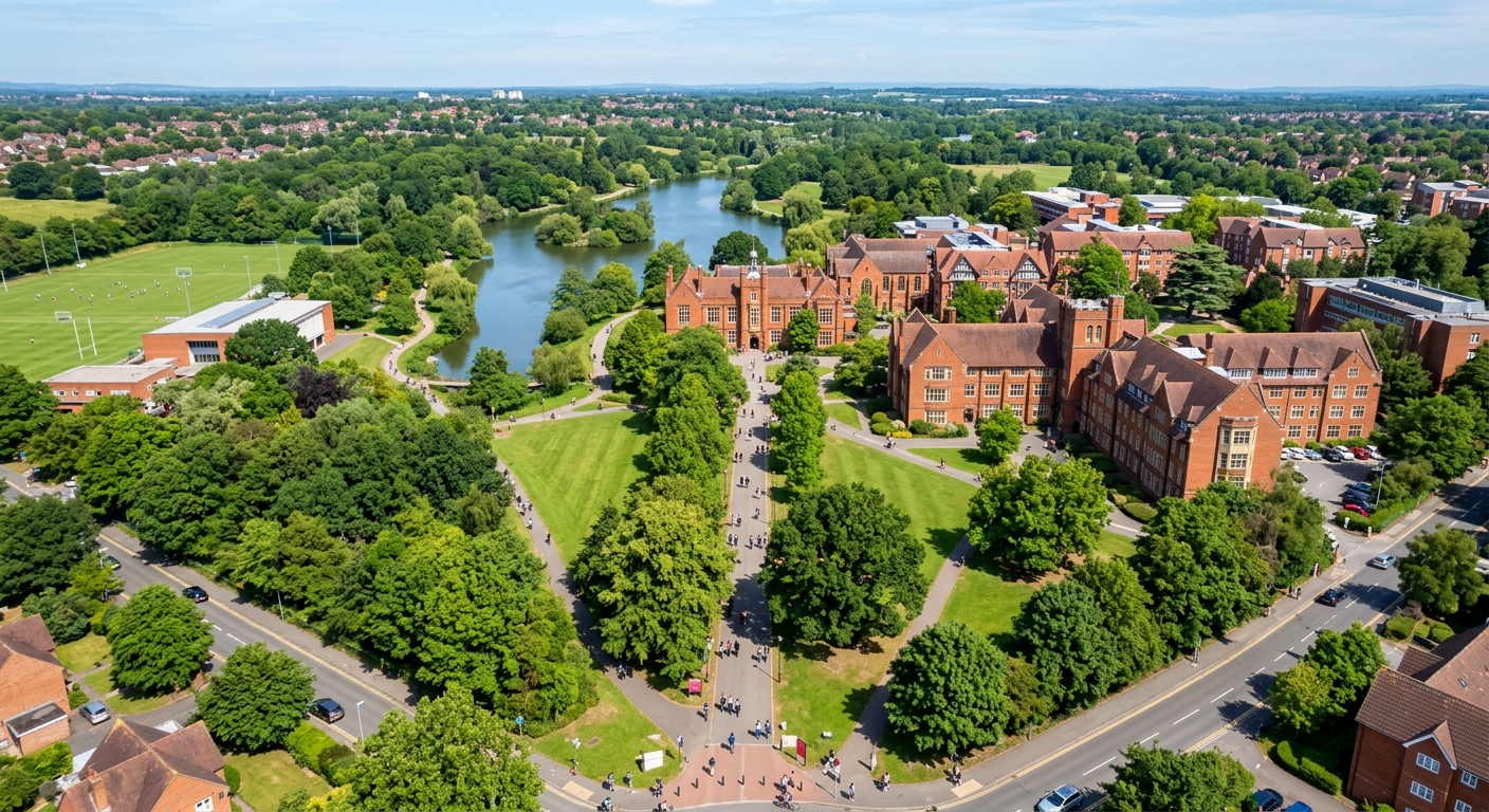 Aerial view of the University of Reading Whiteknights campus with red-brick buildings, green parkland, and students walking along tree-lined pathways on a sunny day
