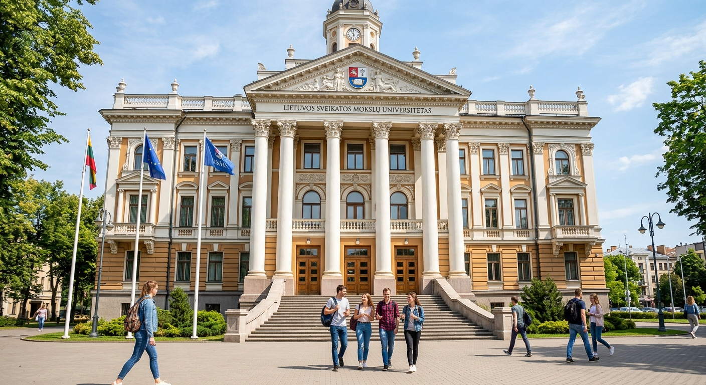 LSMU main building, a grand reconstructed neoclassical building with restored authentic colors and decor, wide entrance steps, students walking in front, sunny day in Kaunas