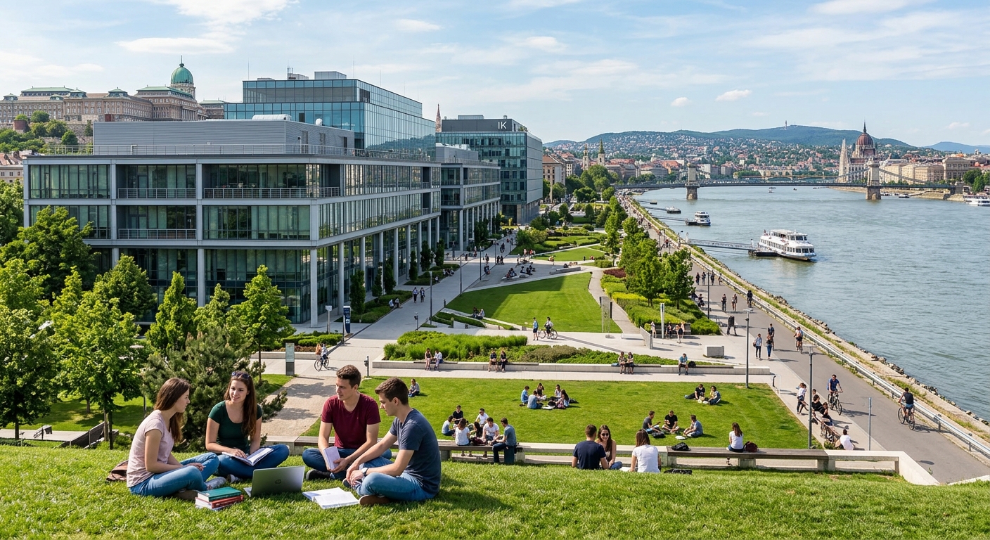 ELTE Lágymányos campus modern buildings along the Danube River, glass and steel architecture, green spaces, students studying outdoors, Budapest skyline in background