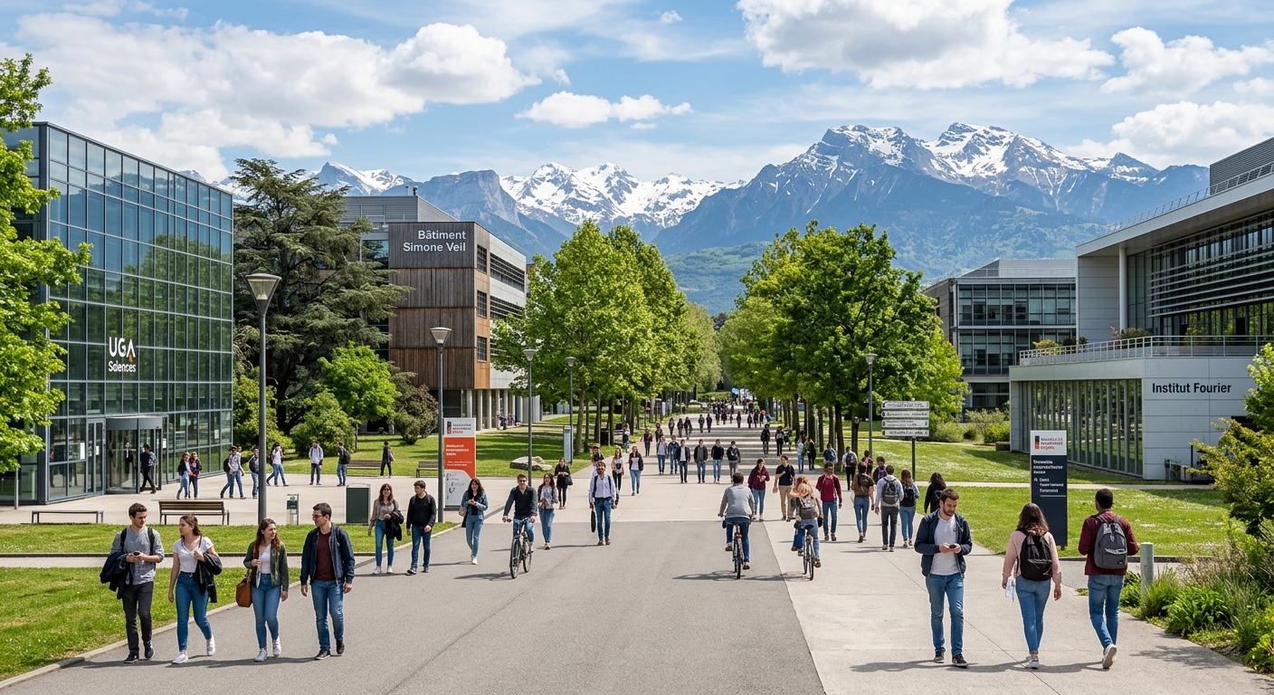 Domaine Universitaire main campus of Université Grenoble Alpes with modern academic buildings, tree-lined pathways, students walking, and mountains visible in the background