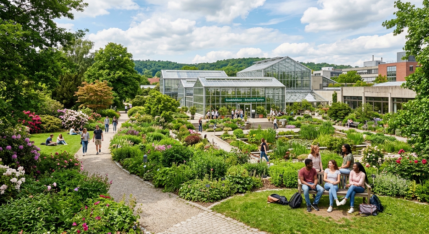 Botanical Garden at University of Ulm with diverse plant collections, greenhouse structures, walking paths through lush greenery, students relaxing