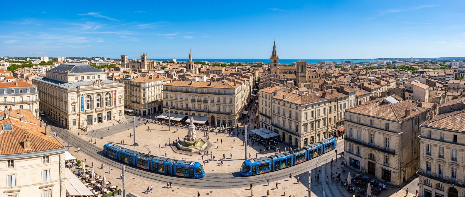 Panoramic view of Montpellier city center with Place de la Comédie, historic buildings, tramway, Mediterranean blue sky, and distant views toward the sea