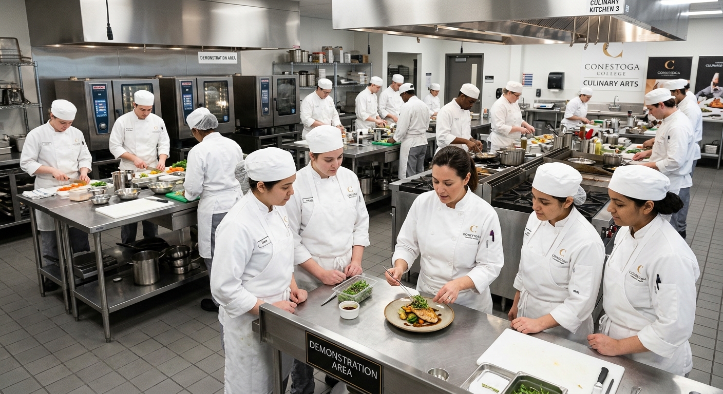 Professional culinary kitchen at Conestoga College with students in white chef uniforms preparing dishes at stainless steel workstations, modern commercial cooking equipment, bright overhead lighting, instructor demonstrating plating techniques