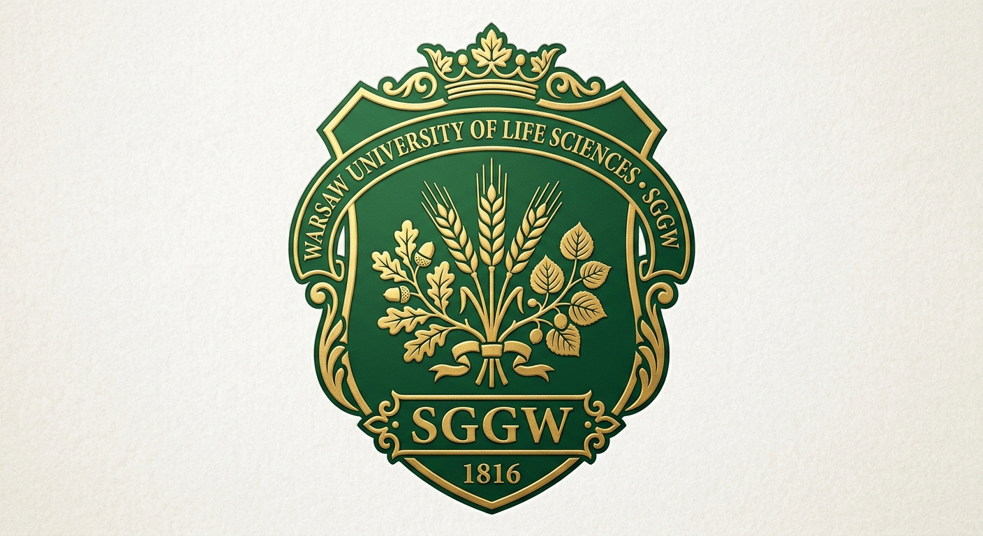 Warsaw University of Life Sciences SGGW official logo, green and gold shield emblem with agricultural and natural science symbols, text reading SGGW
