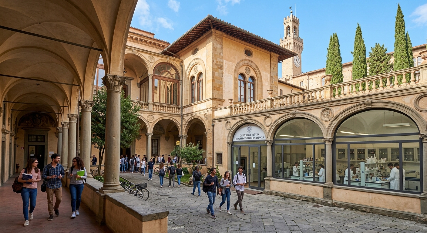 Historic University of Pisa Department of Pharmacy building with classical Italian architecture, students walking through courtyard with arched colonnades, pharmacy laboratory equipment visible through windows, Tuscan cypress trees and blue sky in background
