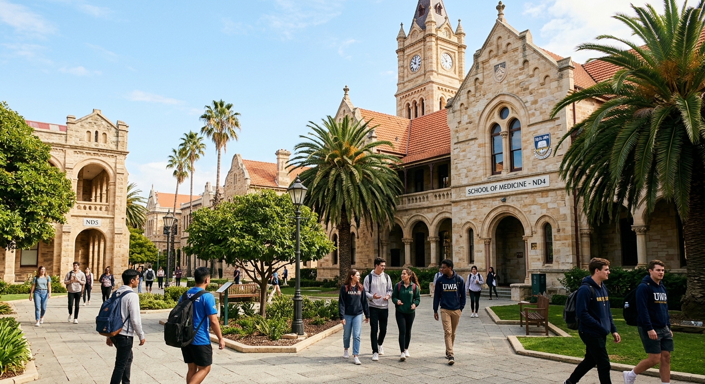 Historic sandstone buildings of the University of Notre Dame Australia Fremantle campus, with heritage architecture, palm trees, and students walking through a sunlit courtyard near the School of Medicine