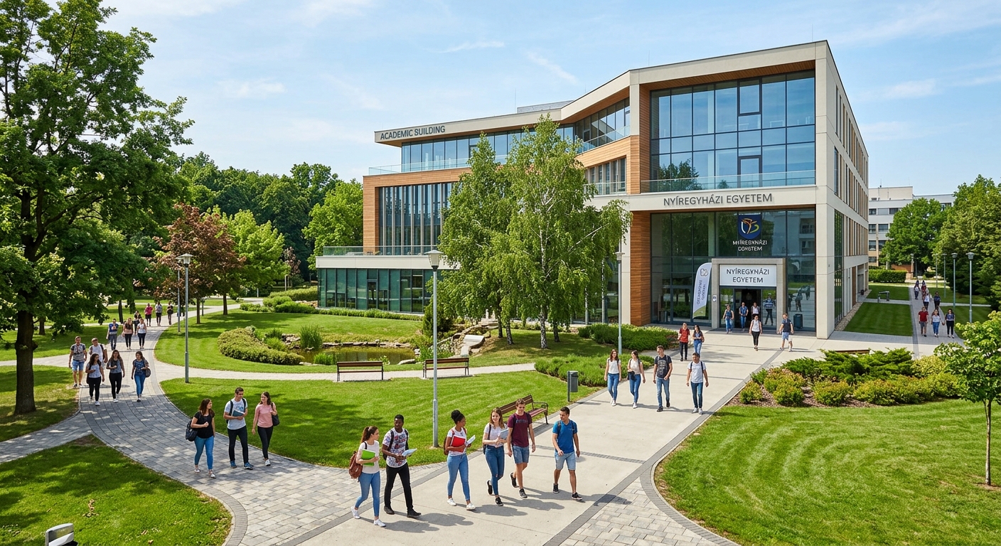 Modern academic building at the University of Nyíregyháza campus with large glass windows, surrounded by green trees and manicured lawns, students walking on pathways
