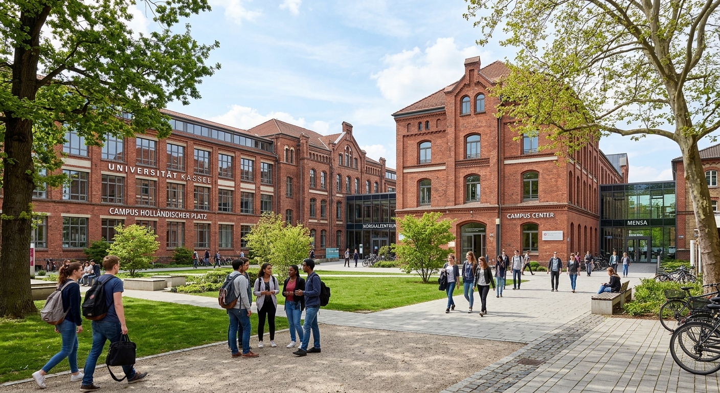 Modern university campus at Hollaendischer Platz in Kassel Germany, red brick industrial heritage buildings converted into academic facilities, students walking between lecture halls, green courtyard with trees, bright daylight