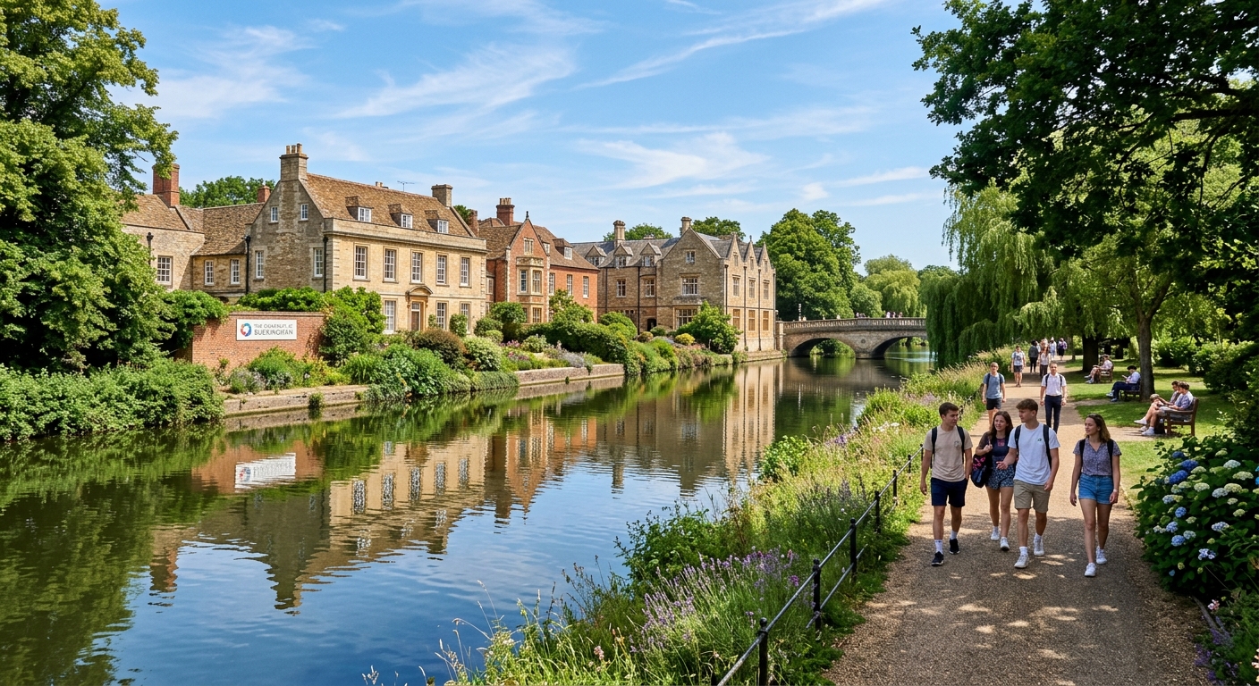 University of Buckingham Hunter Street campus, historic riverside buildings reflected in the River Great Ouse, lush greenery, students walking along pathways, bright English summer day
