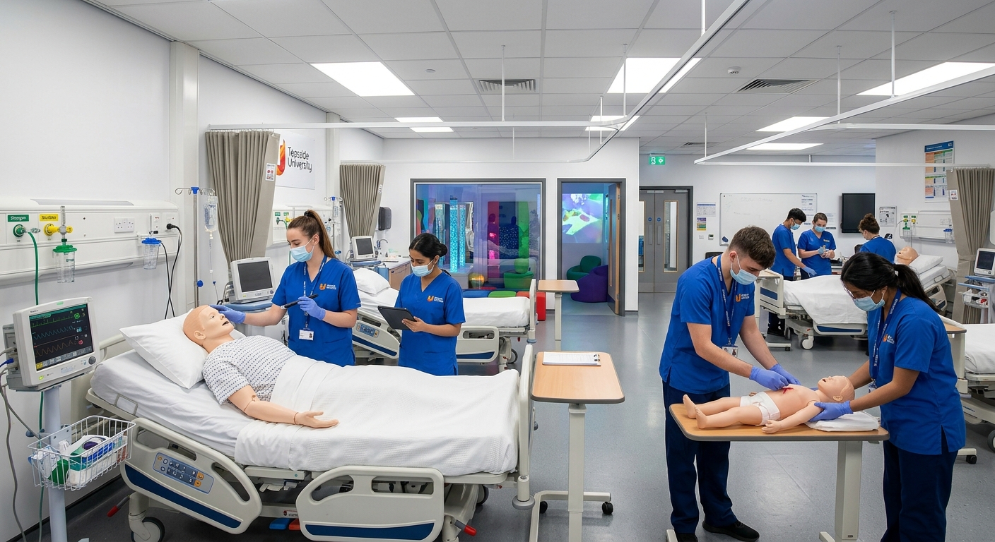 Modern nursing simulation laboratory at Teesside University with clinical training mannequins, sensory room equipment, and students in scrubs practicing patient care techniques, bright institutional lighting