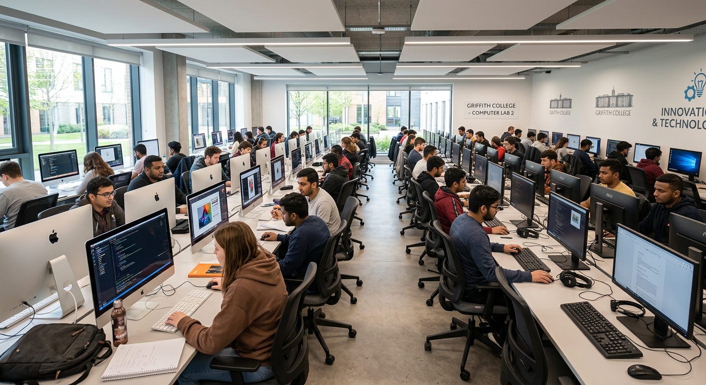 Griffith College modern computer lab with rows of iMac desktops and PC workstations, students working on projects, bright interior lighting