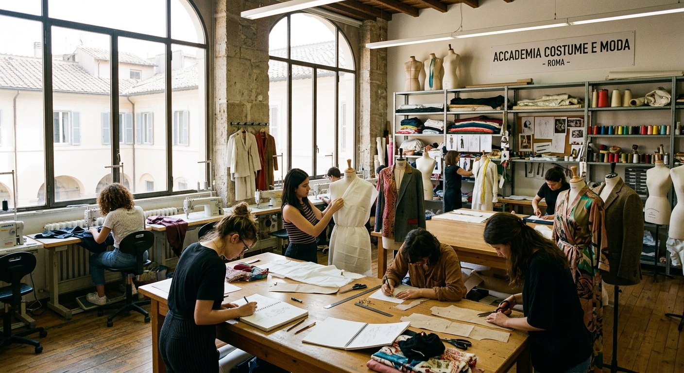 Fashion design atelier interior at Accademia Costume e Moda, students working at large design tables, mannequins with draped fabrics, bright natural light from tall windows, sewing machines and textile samples visible