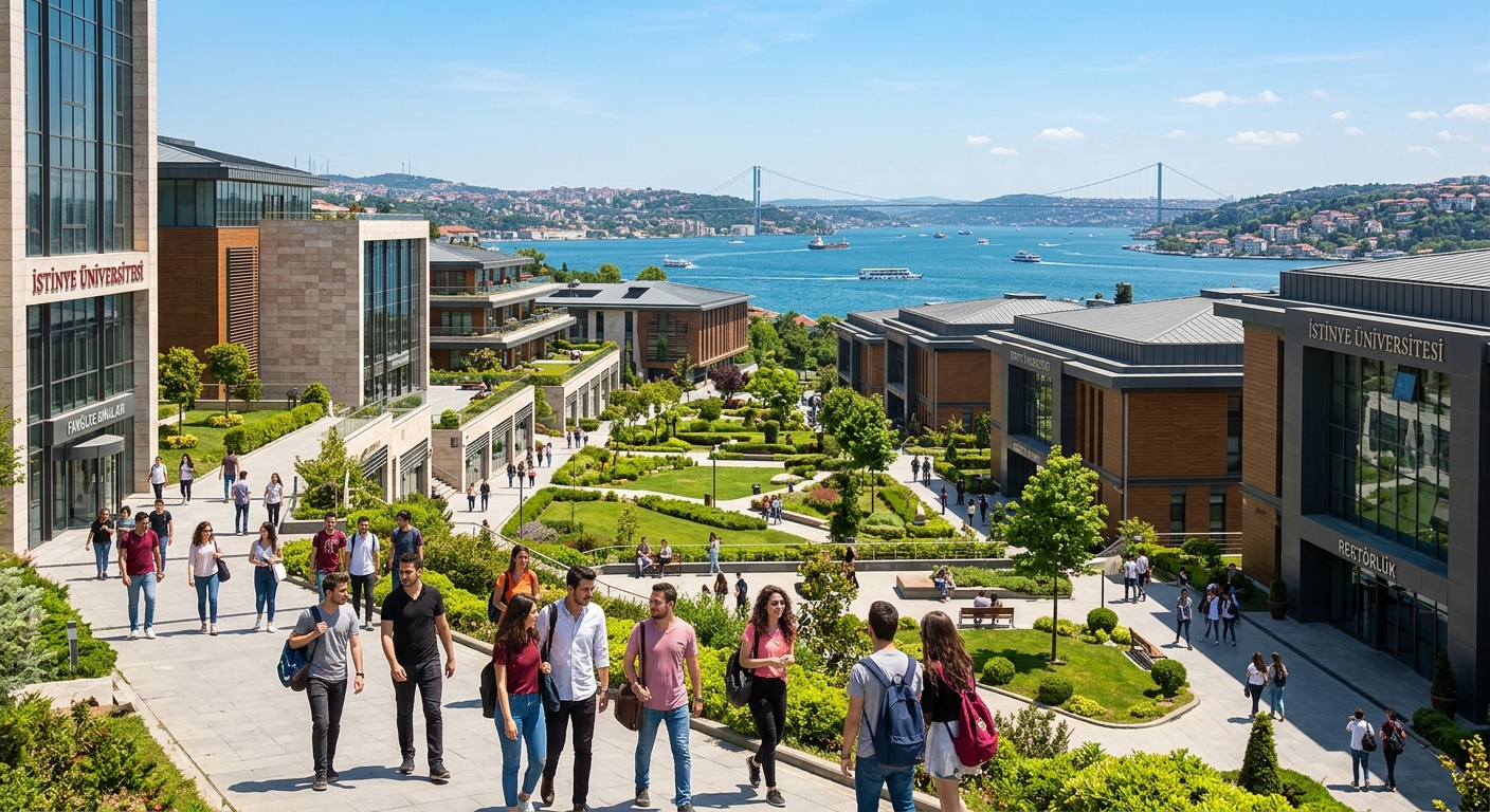 Istinye University campus in Istanbul with modern academic buildings, green courtyards, and students walking between lecture halls under a clear blue sky, with the Bosphorus visible in the background