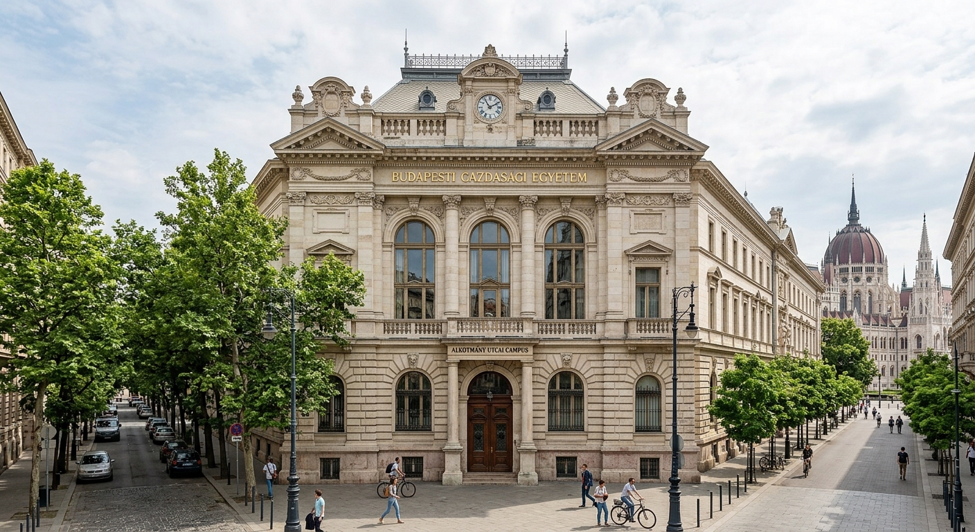Budapest Business School Alkotmány Street campus, elegant 19th-century neoclassical building near the Hungarian Parliament, ornate stone facade with arched windows, tree-lined street